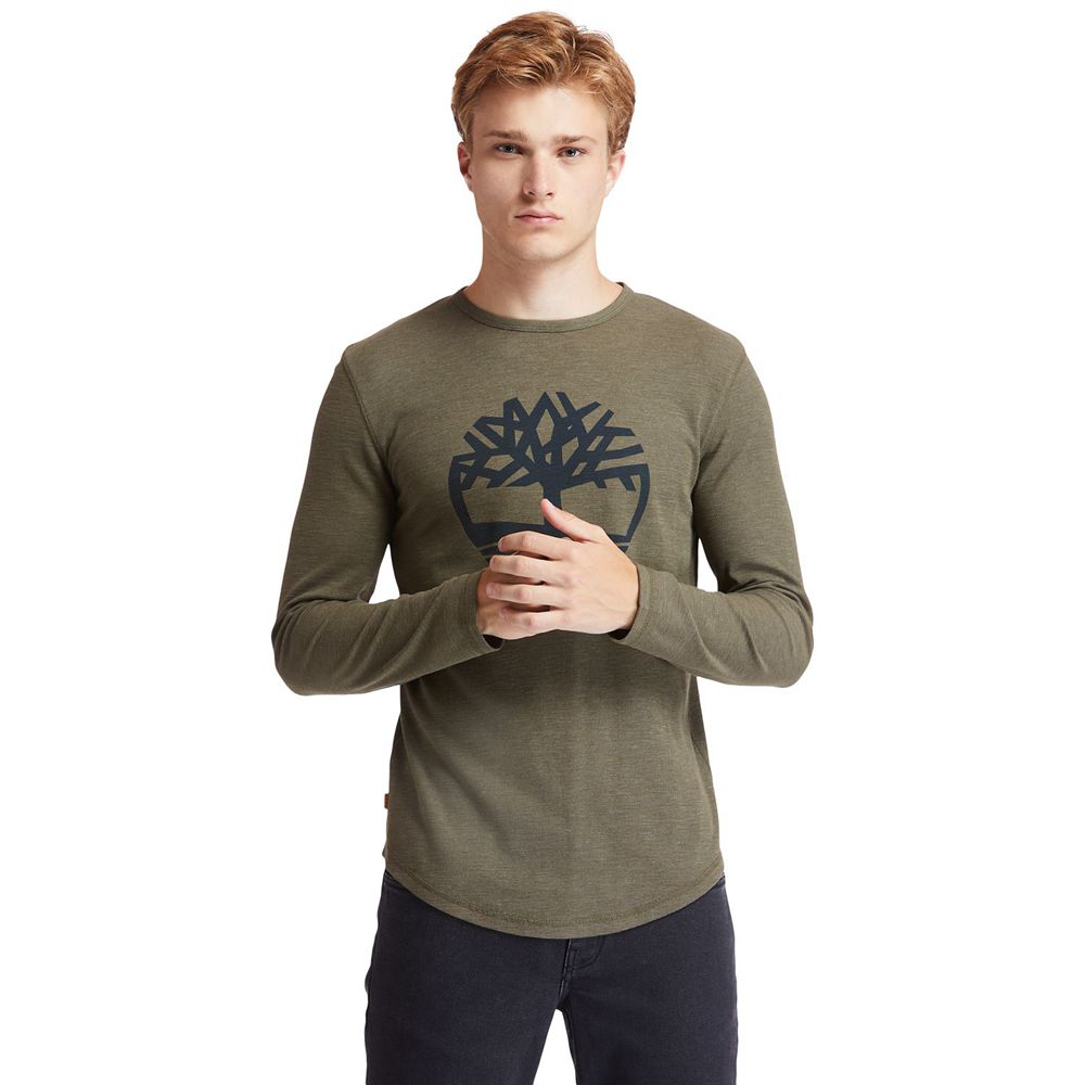 Timberland Mens T-Shirts Dyer River Slim-Fit Tree-Logo - Olive - India BI9741683